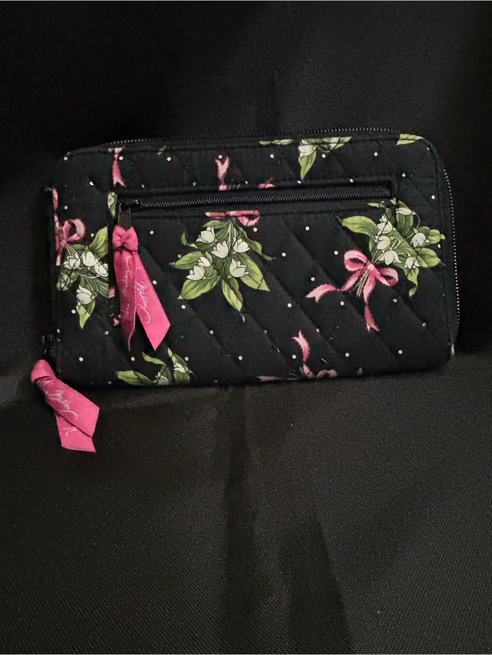 Vera Bradley Quilted Floral Zip Wallet Black with Pink Accents